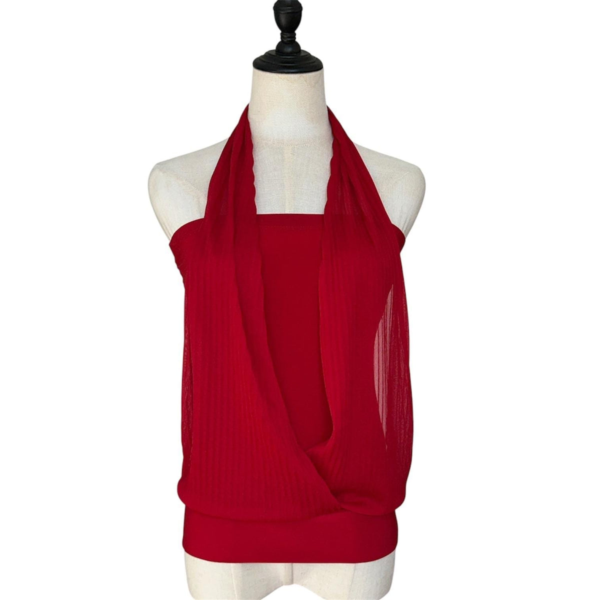 FD Red Halter Top Women Small Red Pleated Overlay Y2K Evening Blouse USA 2000s