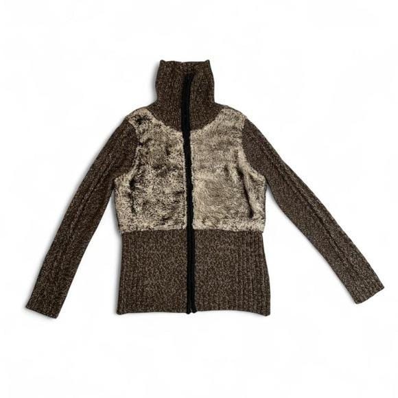 Breal Faux Fur Trim Zip Up Cardigan Women S Brown Marled Knit Y2K Funnel Neck EX