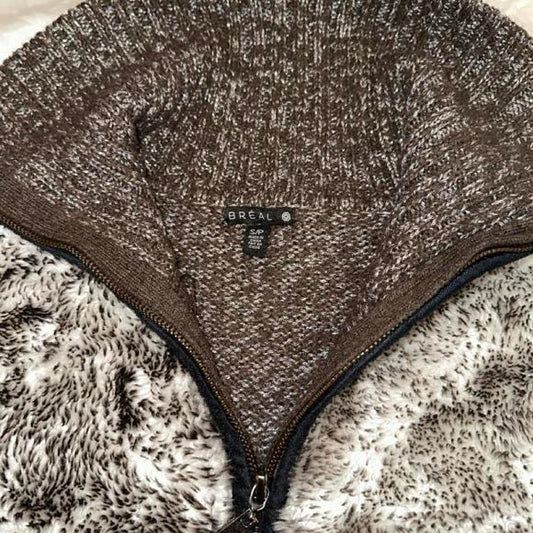 Breal Faux Fur Trim Zip Up Cardigan Women S Brown Marled Knit Y2K Funnel Neck EX