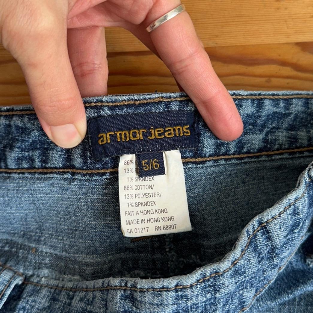 Armor Jeans Denim Mini Skirt Women 5/6 Blue Frayed Hem Y2K Asymmetrical Seam 00s