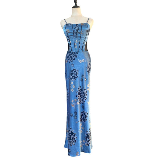 Georgette Maxi Dress Women Small Blue Floral Mesh Corset Y2K Vintage 90s USA