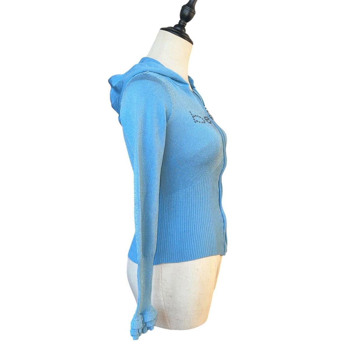 Bebe Zip Up Crop Hoodie Womens S Blue Rhinestone Ruffle Y2K Shimmer Knit 2000s