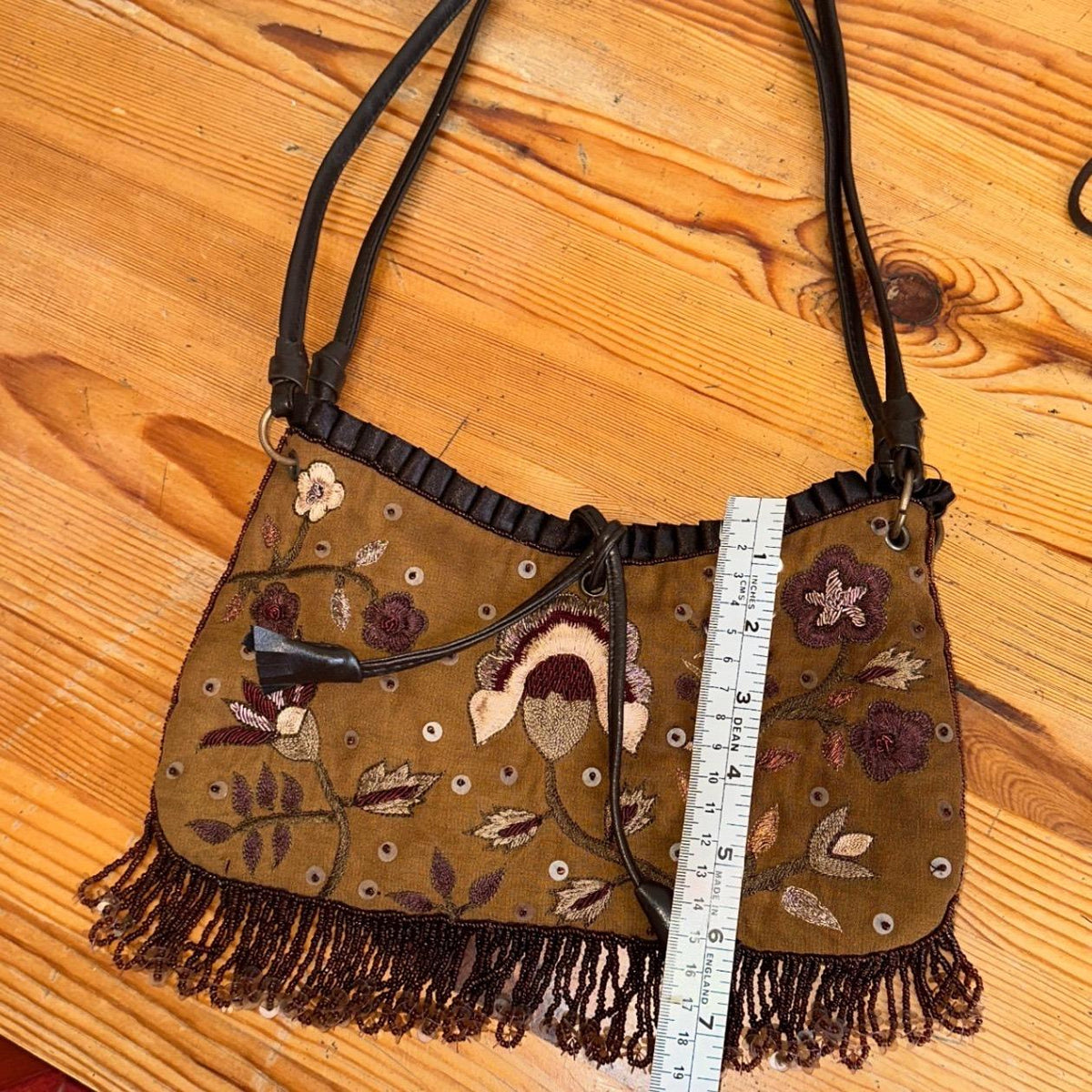Express Floral Embroidered Beaded Fringe Shoulder Bag Women Brown Y2K Boho Small