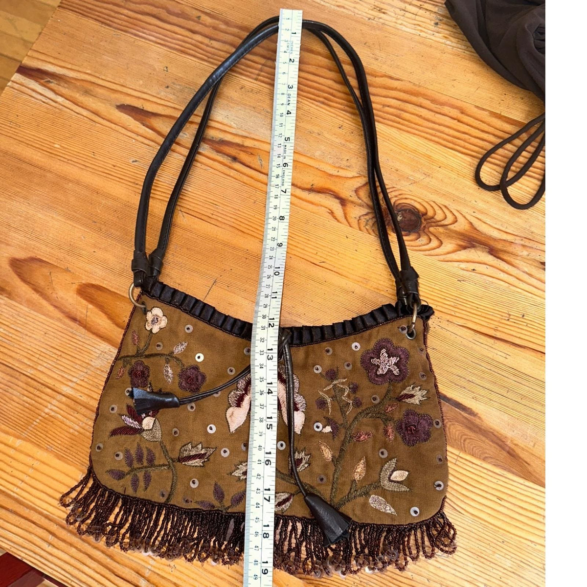 Express Floral Embroidered Beaded Fringe Shoulder Bag Women Brown Y2K Boho Small