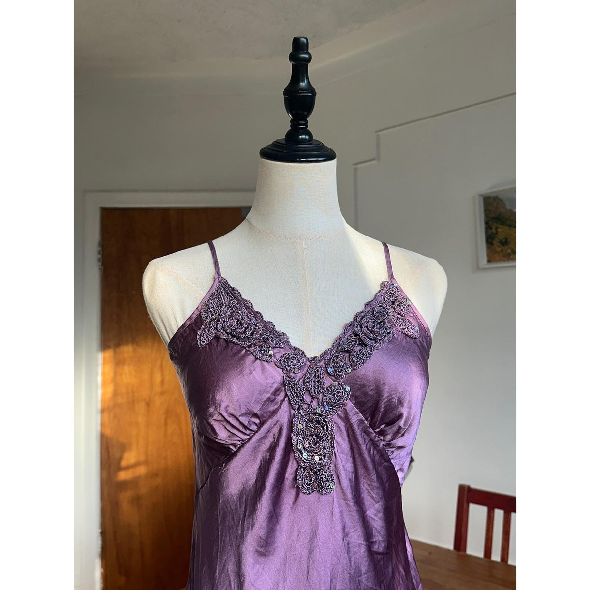 Hale Bob Silk Camisole Women M Purple Crochet Sequin Lace Trim Y2K Cami Top