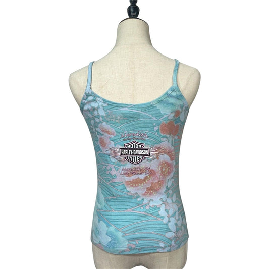 Harley-Davidson Tank Top Womens Medium Teal Floral Rhinestone Y2K Cami 2000s