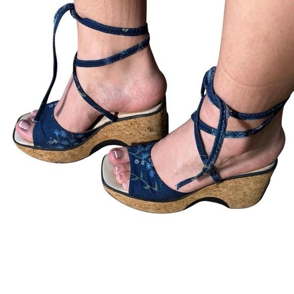 Shellys London Wedge Sandals Womens 39 Blue Floral Denim Cork Lace Up Y2K Spain