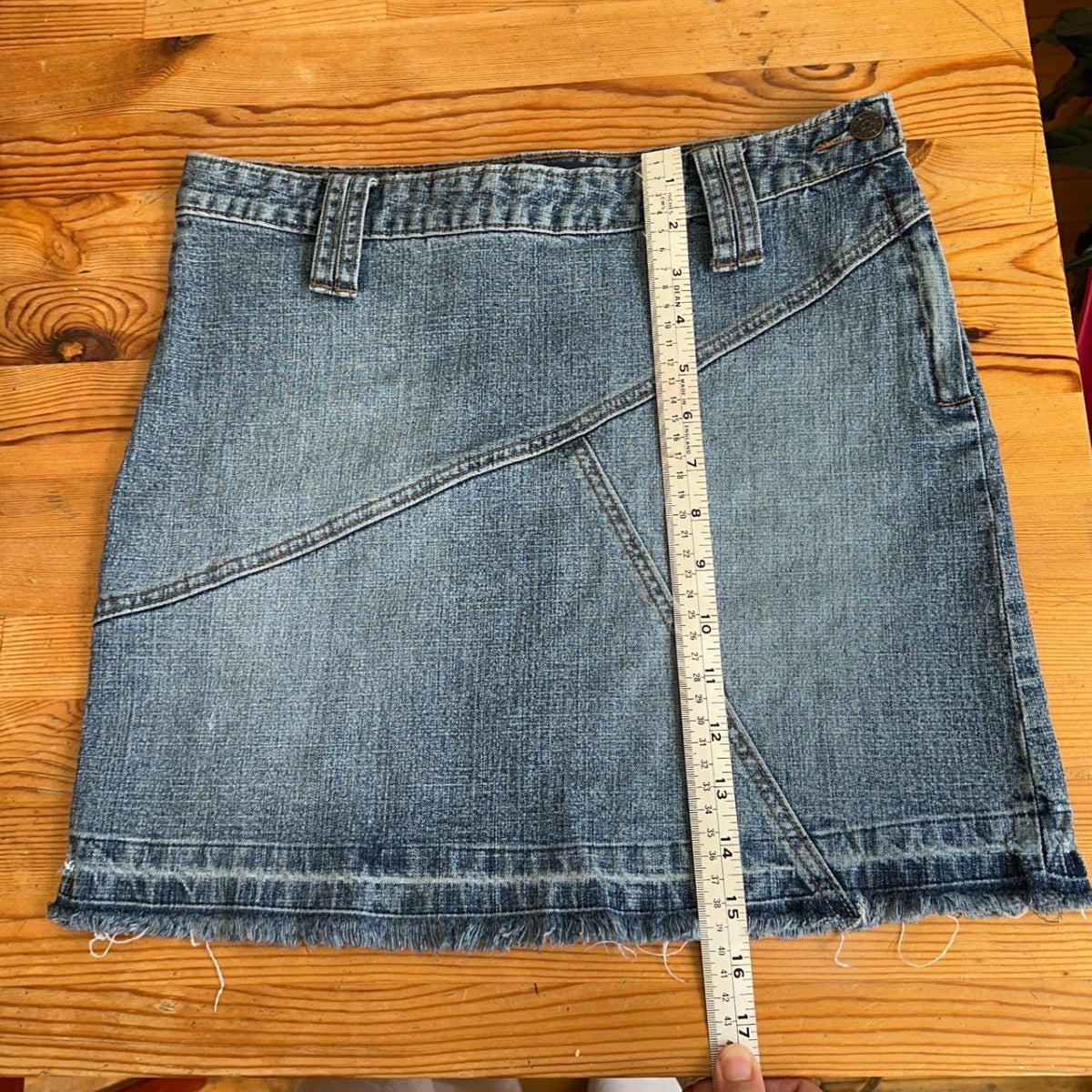 Armor Jeans Denim Mini Skirt Women 5/6 Blue Frayed Hem Y2K Asymmetrical Seam 00s