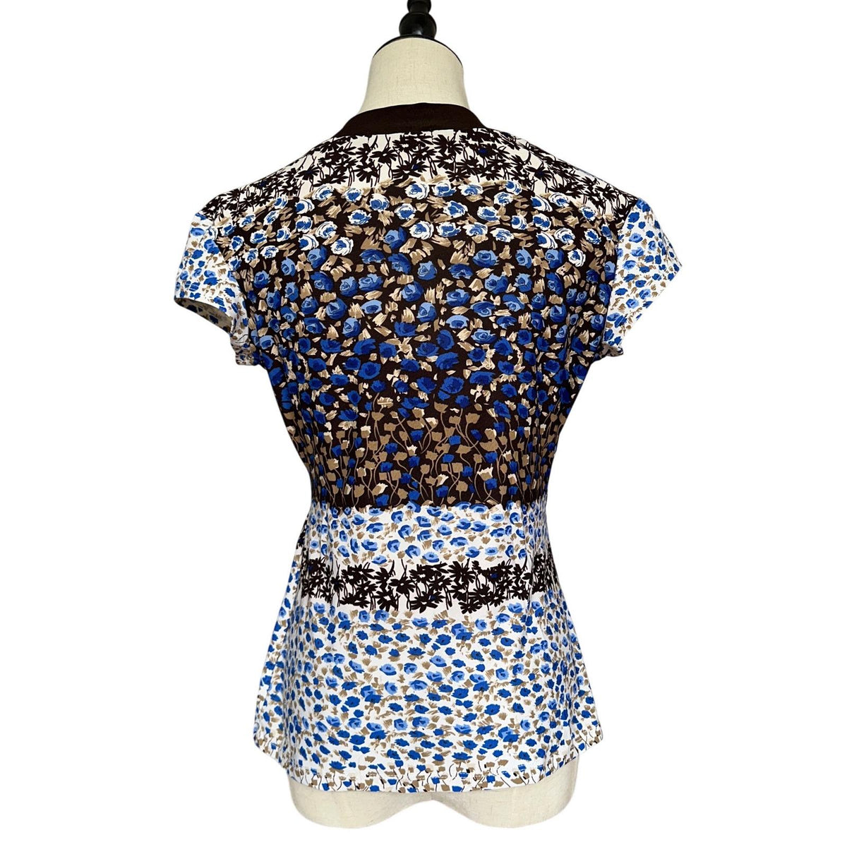 Captive Floral Surplice Top Women L Blue Brown Excellent Asymmetric Hem Y2K Vibe