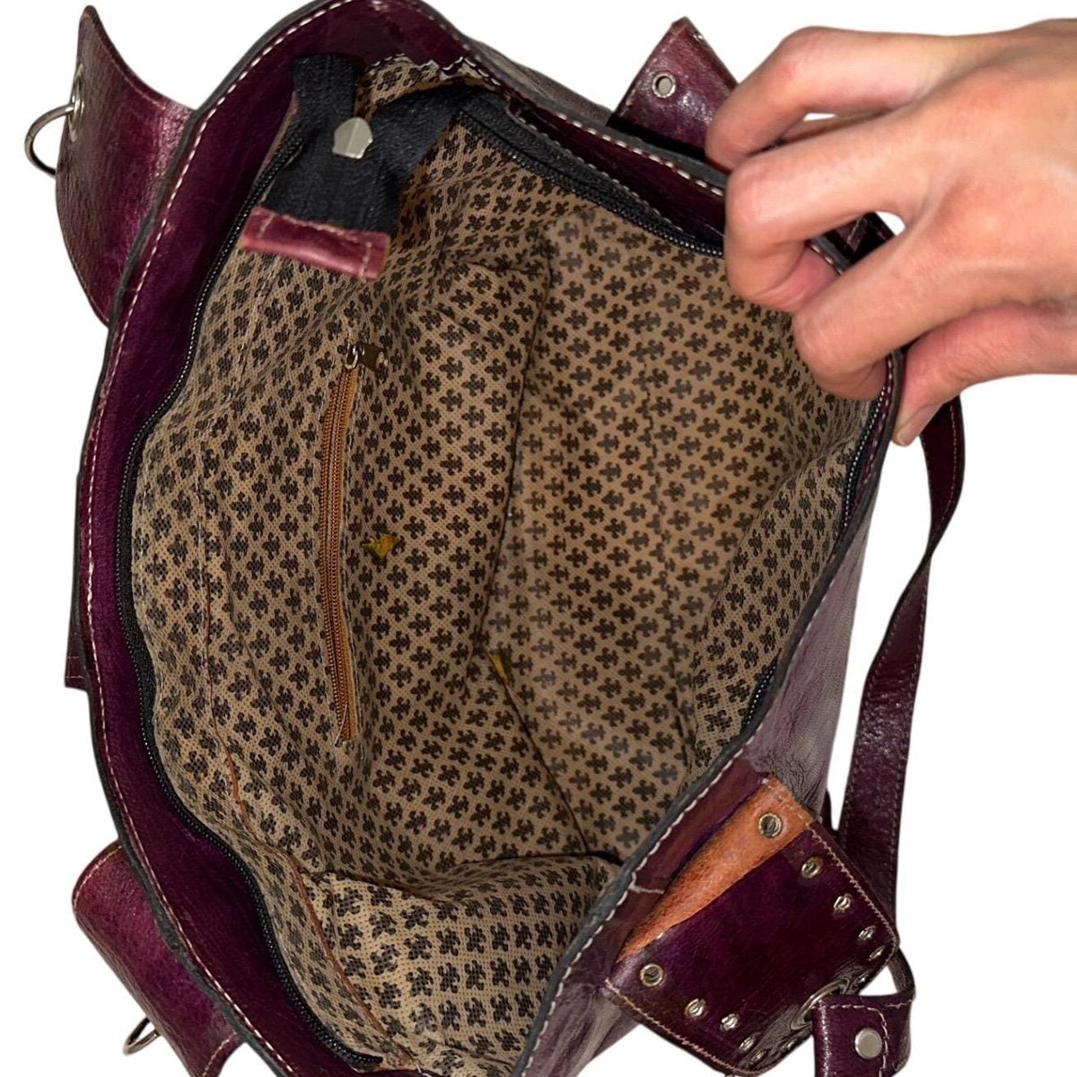 Unbranded Leather Studded Tote Bag Women Large Burgundy Y2K Boho 2000s