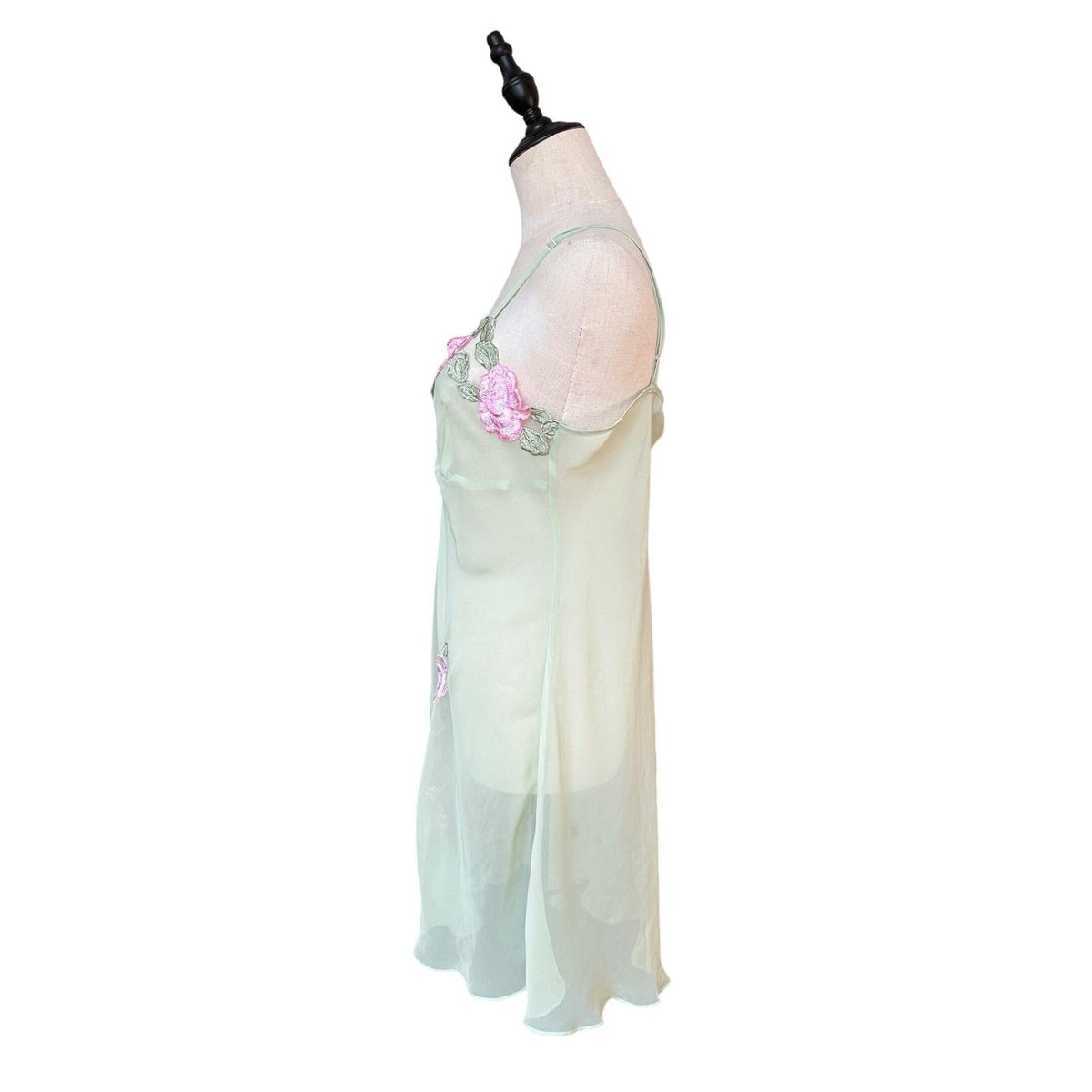 La Vie En Rose Chemise Women XL Green Pink Floral Embroidered Fairycore Night