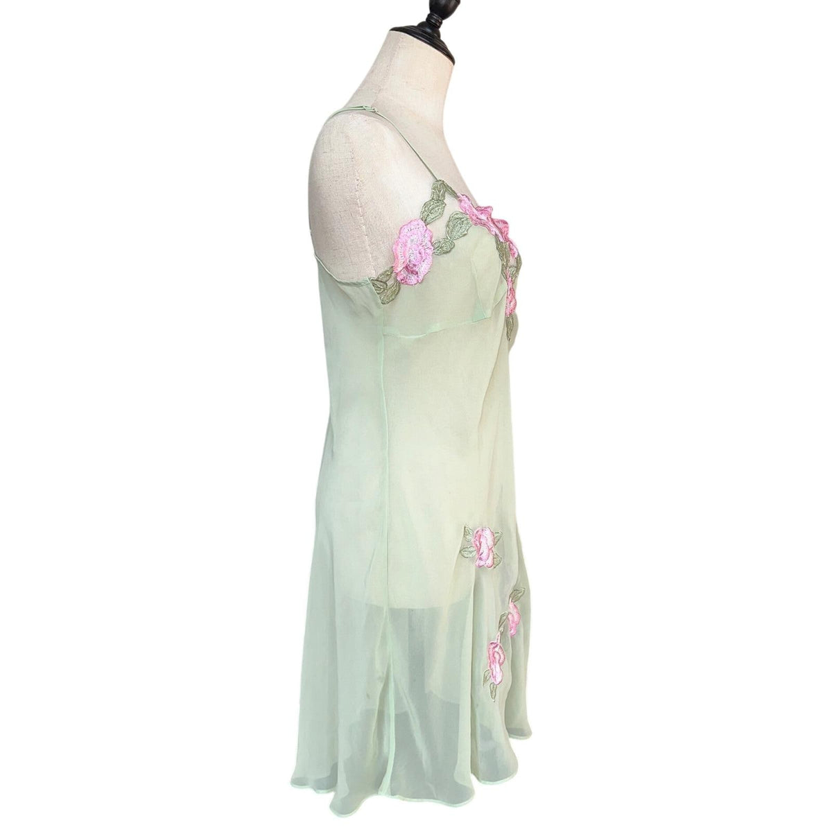 La Vie En Rose Chemise Women XL Green Pink Floral Embroidered Fairycore Night