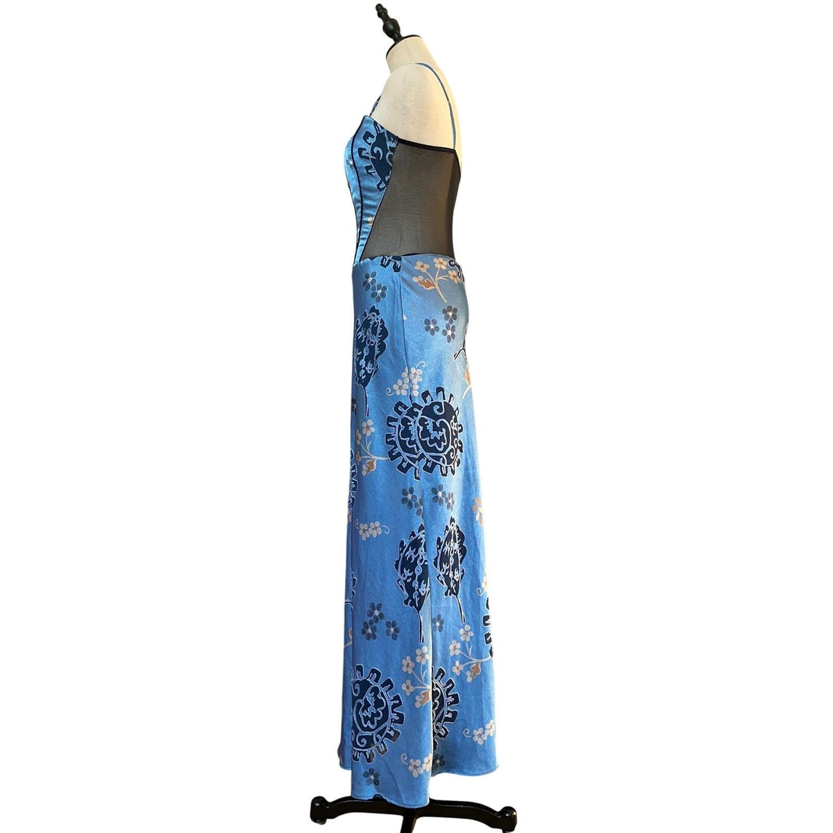 Georgette Maxi Dress Women Small Blue Floral Mesh Corset Y2K Vintage 90s USA