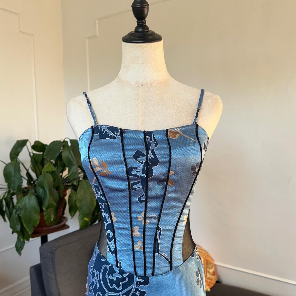 Georgette Maxi Dress Women Small Blue Floral Mesh Corset Y2K Vintage 90s USA