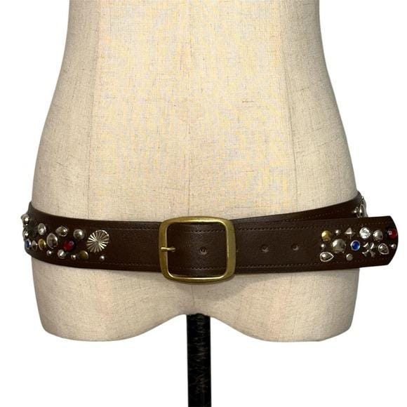 Studded Leather Belt Womens L Brown Mixed Metal Gemstone Y2K Boho Western 44in