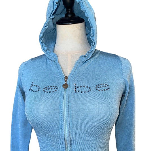 Bebe Zip Up Crop Hoodie Womens S Blue Rhinestone Ruffle Y2K Shimmer Knit 2000s