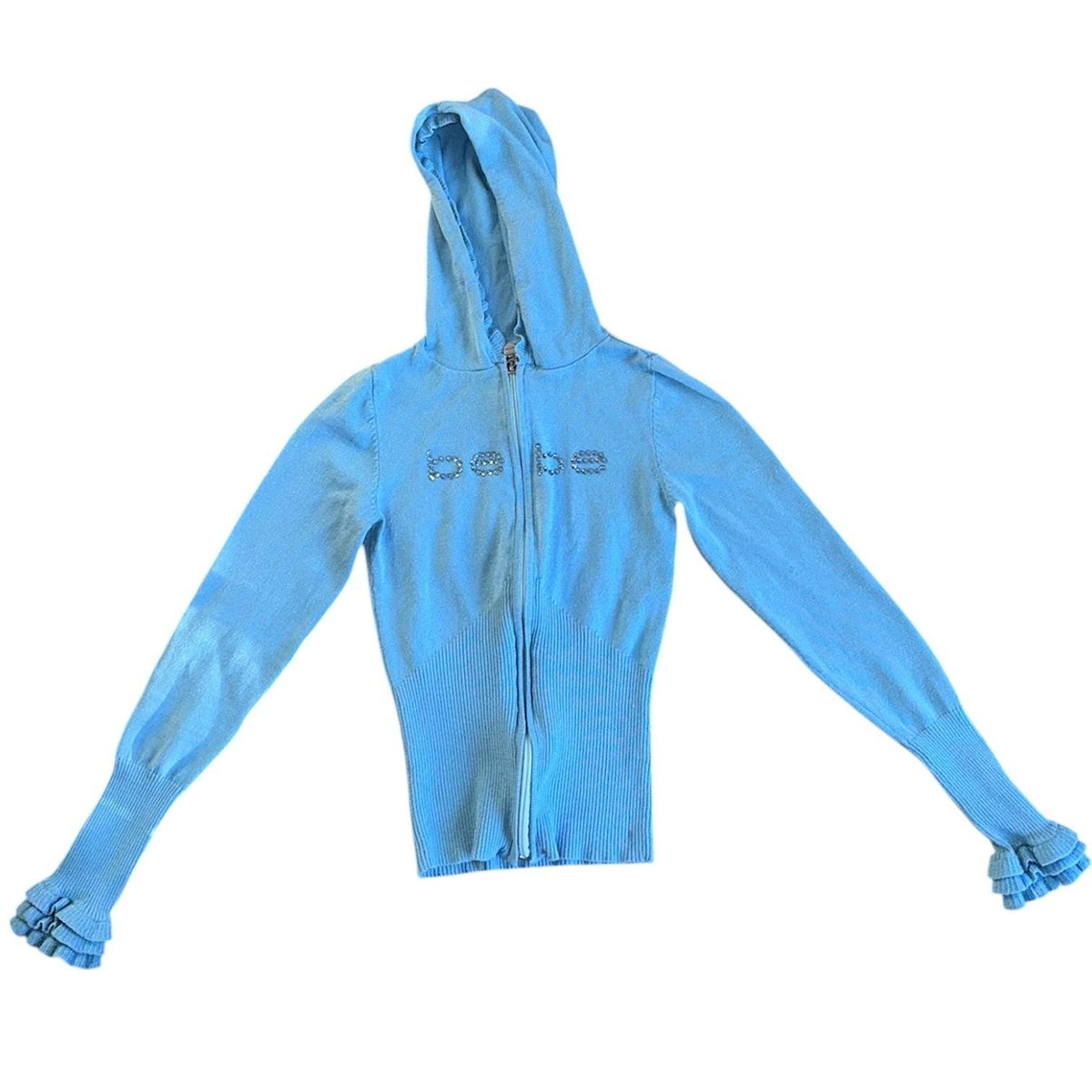 Bebe Zip Up Crop Hoodie Womens S Blue Rhinestone Ruffle Y2K Shimmer Knit 2000s