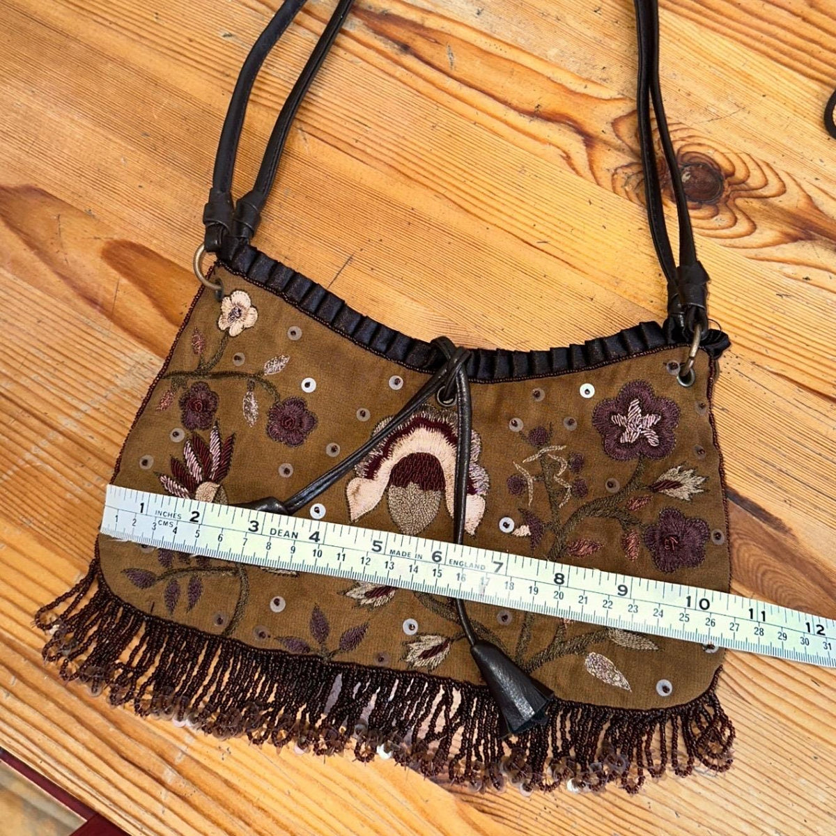 Express Floral Embroidered Beaded Fringe Shoulder Bag Women Brown Y2K Boho Small