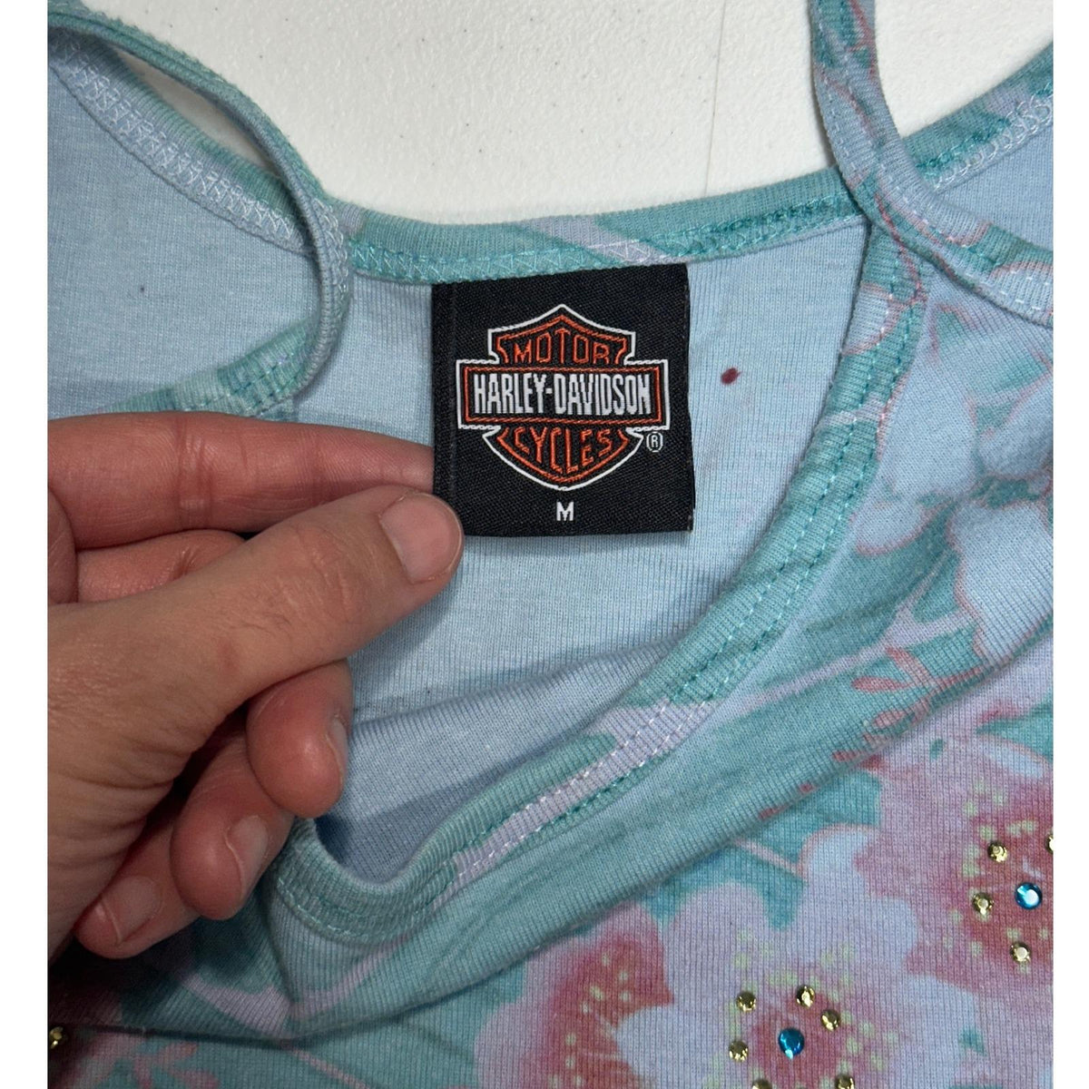 Harley-Davidson Tank Top Womens Medium Teal Floral Rhinestone Y2K Cami 2000s