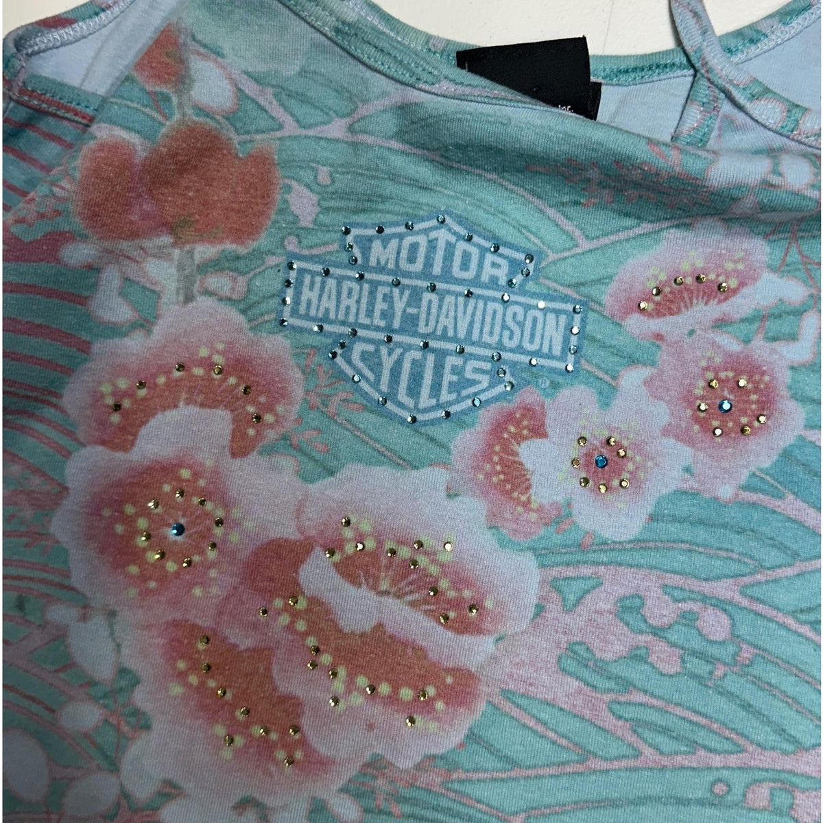 Harley-Davidson Tank Top Womens Medium Teal Floral Rhinestone Y2K Cami 2000s