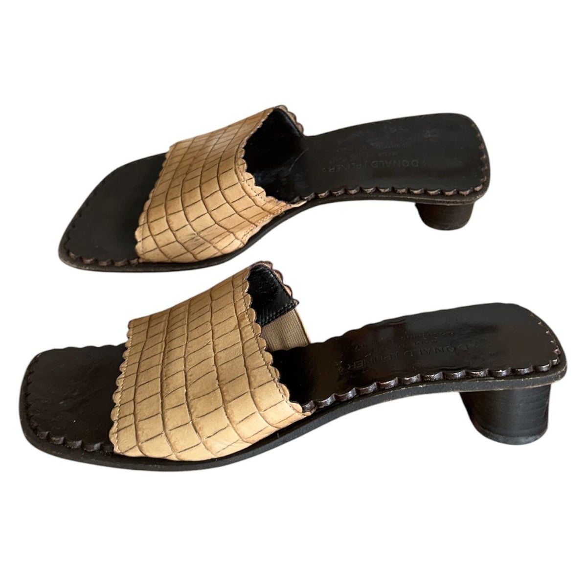 Donald J Pliner Mules Womens 6 Tan Croc Leather Scalloped Heel Vintage 90s