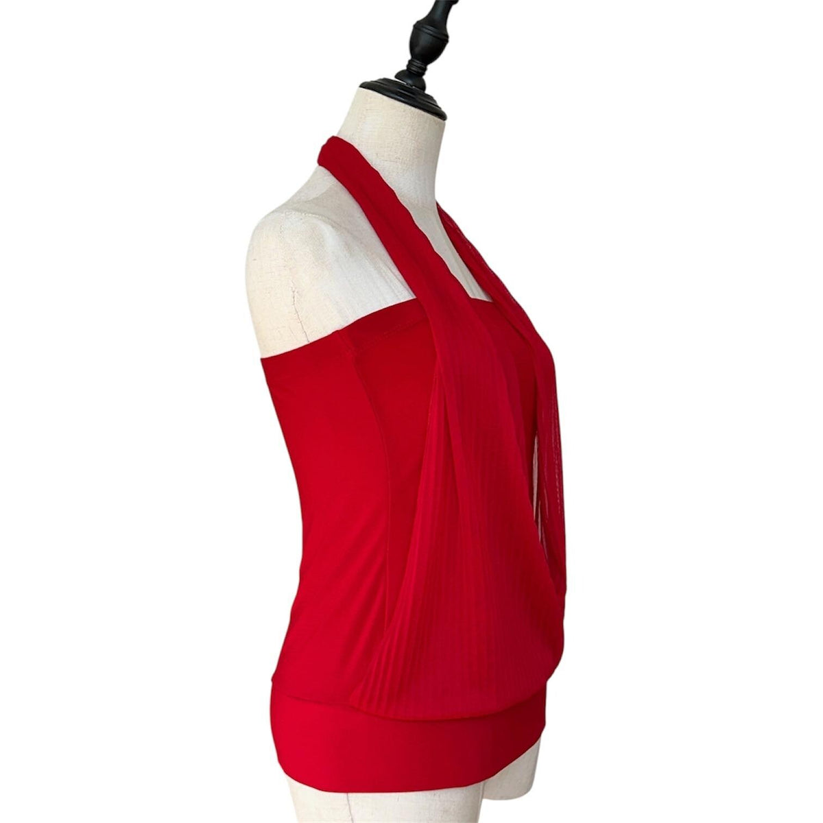 FD Red Halter Top Women Small Red Pleated Overlay Y2K Evening Blouse USA 2000s