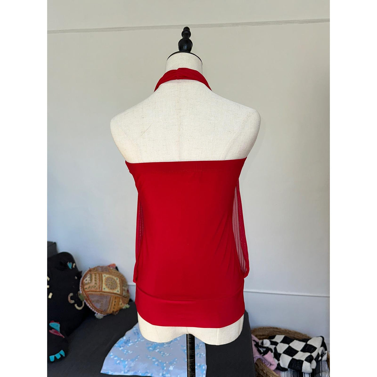FD Red Halter Top Women Small Red Pleated Overlay Y2K Evening Blouse USA 2000s