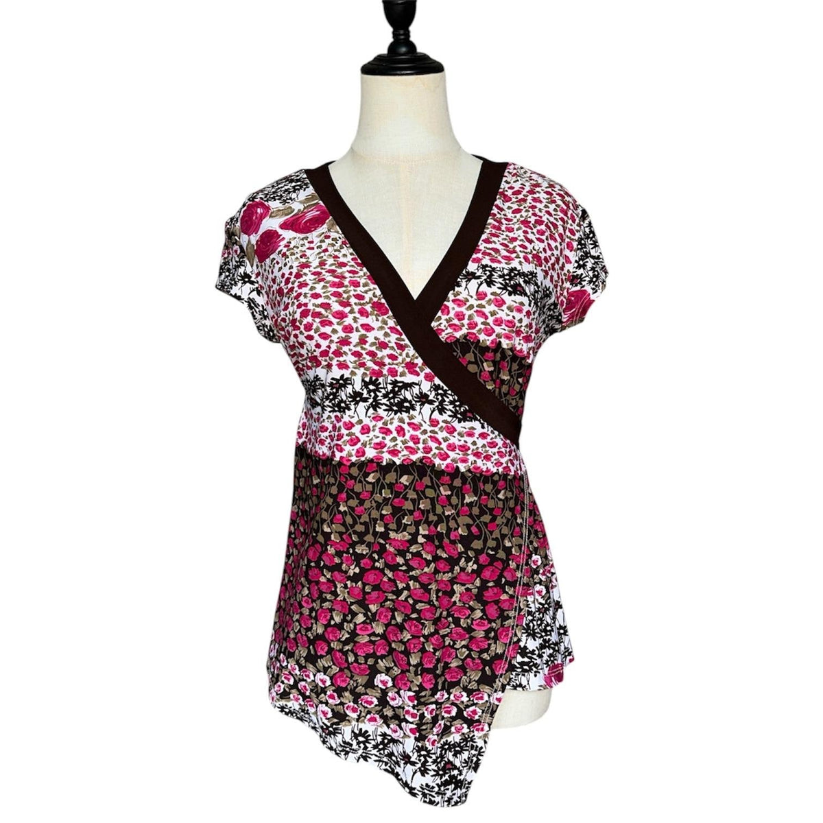 Captive Floral Asymmetric Wrap Top Women Large Pink Brown Excellent Y2K 2000s