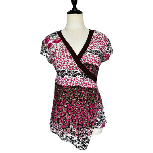 Captive Floral Asymmetric Wrap Top Women Large Pink Brown Excellent Y2K 2000s