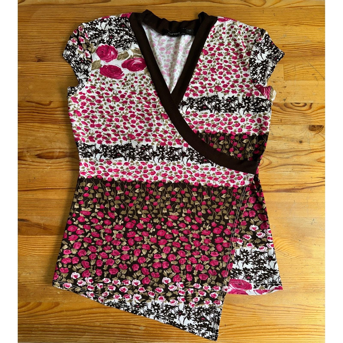 Captive Floral Asymmetric Wrap Top Women Large Pink Brown Excellent Y2K 2000s