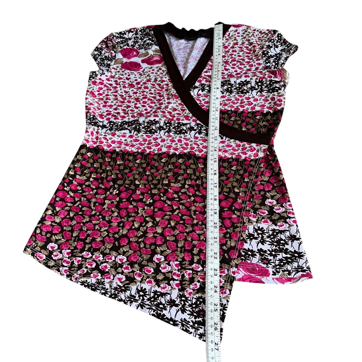 Captive Floral Asymmetric Wrap Top Women Large Pink Brown Excellent Y2K 2000s