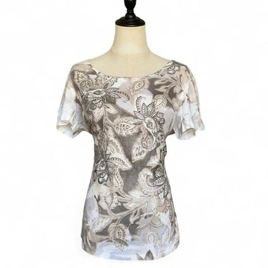 Style & Co Paisley Top Women Large Taupe Grey Excellent Boho Short Sleeve Scoop