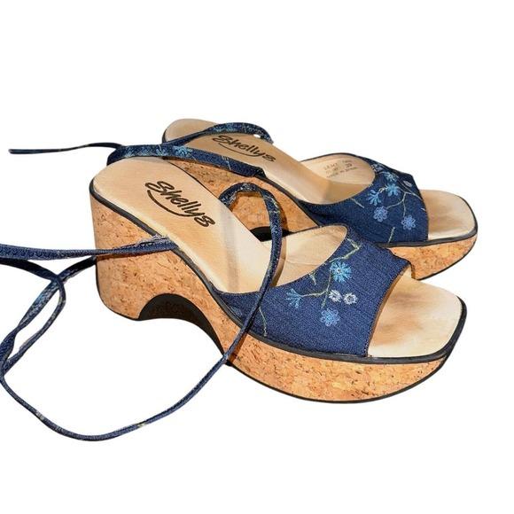 Shellys London Wedge Sandals Womens 39 Blue Floral Denim Cork Lace Up Y2K Spain