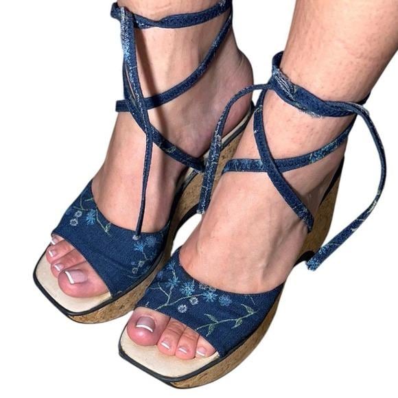 Shellys London Wedge Sandals Womens 39 Blue Floral Denim Cork Lace Up Y2K Spain