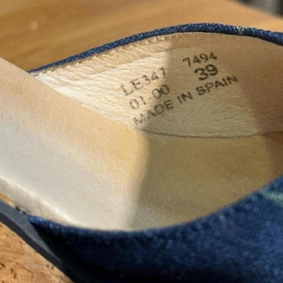 Shellys London Wedge Sandals Womens 39 Blue Floral Denim Cork Lace Up Y2K Spain