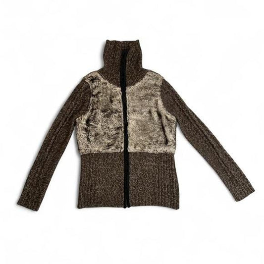 Breal Faux Fur Trim Zip Up Cardigan Women S Brown Marled Knit Y2K Funnel Neck EX