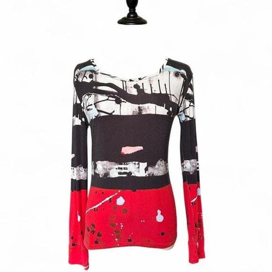 Aventures des Toiles Top Women 44 Red Black Abstract Art Splatter Long Sleeve