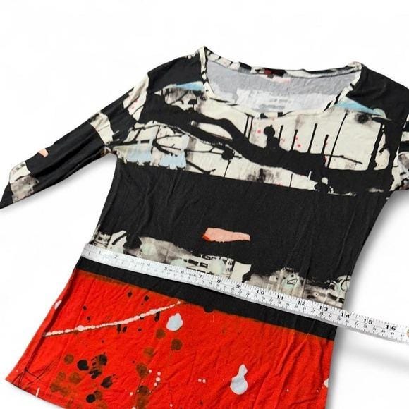 Aventures des Toiles Top Women 44 Red Black Abstract Art Splatter Long Sleeve