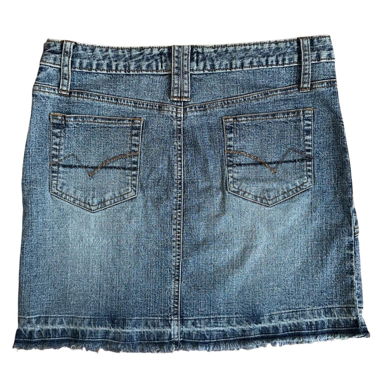 Armor Jeans Denim Mini Skirt Women 5/6 Blue Frayed Hem Y2K Asymmetrical Seam 00s