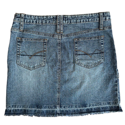 Armor Jeans Denim Mini Skirt Women 5/6 Blue Frayed Hem Y2K Asymmetrical Seam 00s