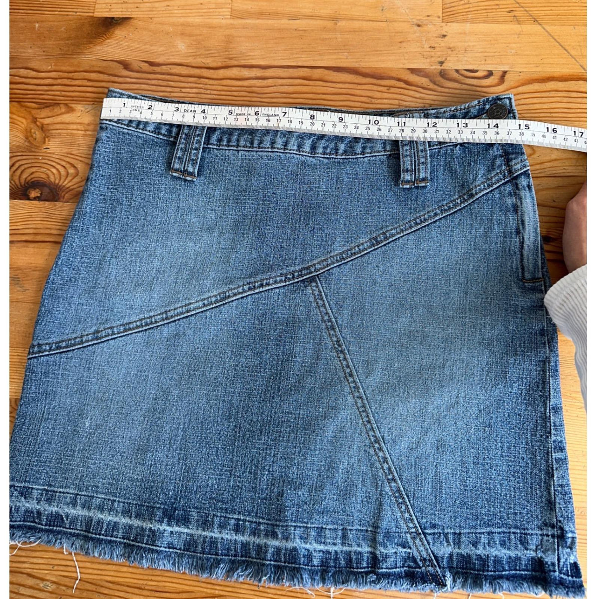 Armor Jeans Denim Mini Skirt Women 5/6 Blue Frayed Hem Y2K Asymmetrical Seam 00s