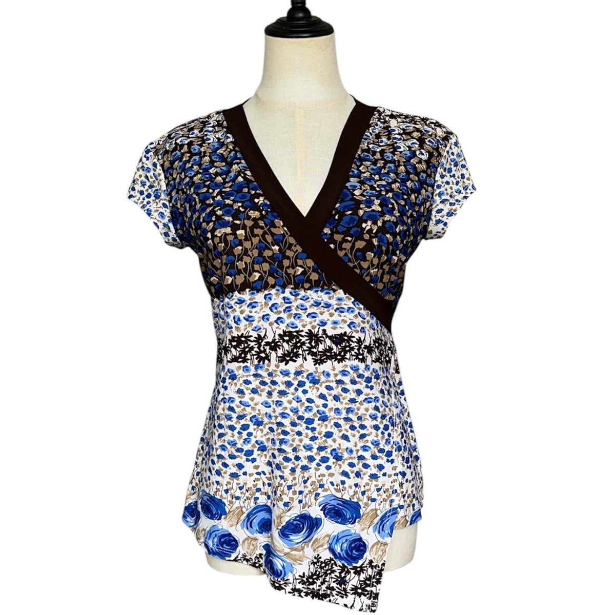 Captive Floral Surplice Top Women L Blue Brown Excellent Asymmetric Hem Y2K Vibe
