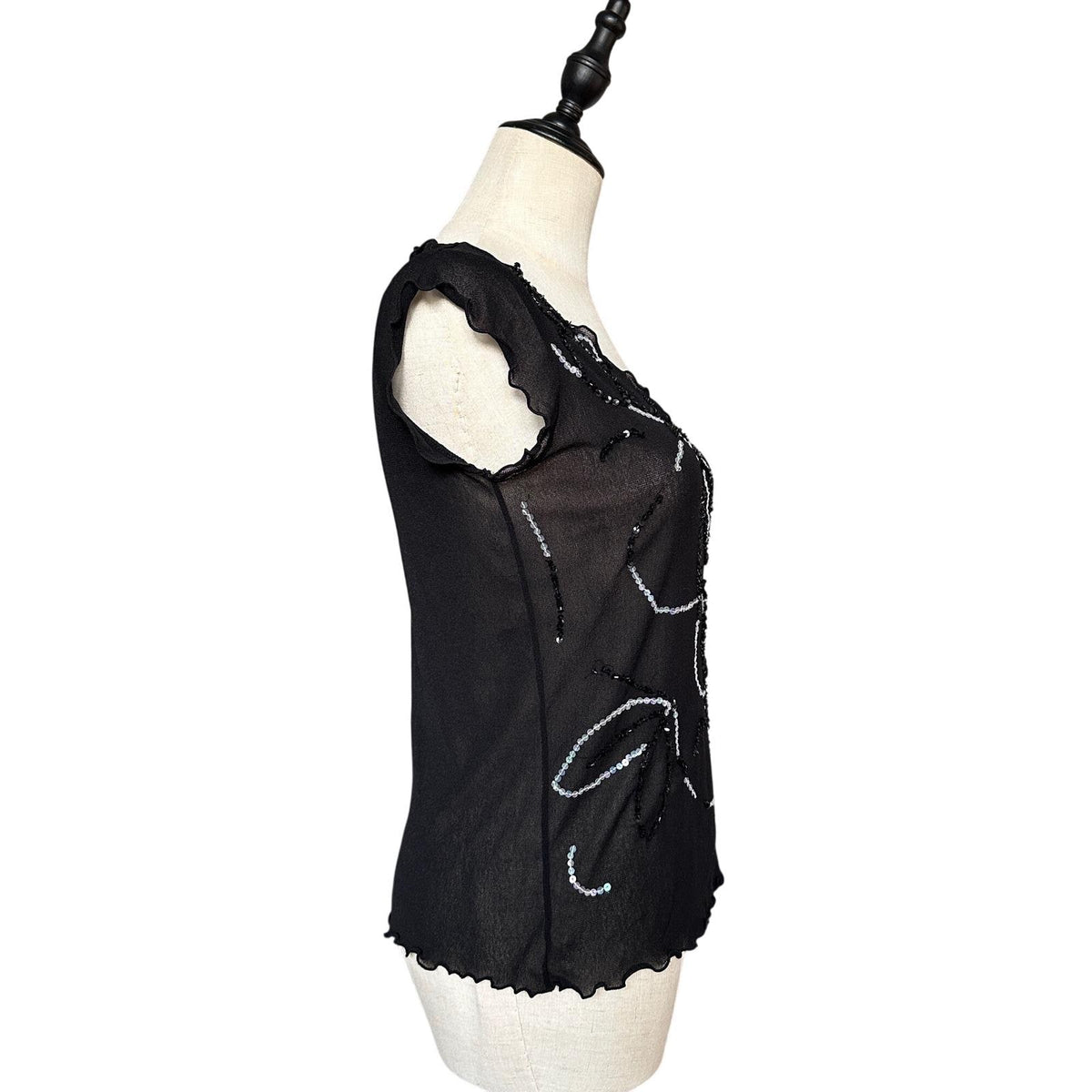 Unbranded Sequin Floral Mesh Top Womens M Black Excellent Y2K Fairycore 2000s