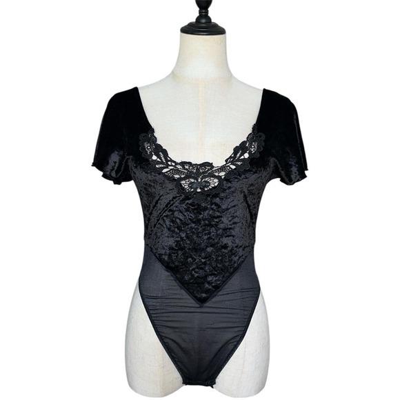 Fantasy Lingerie Bodysuit Women Medium Black Excellent Lace Velvet Goth Y2K 90s