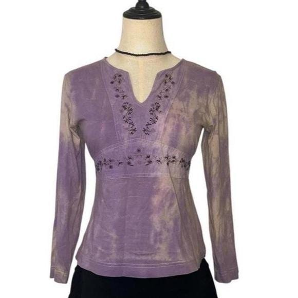 Caprice de Fille Top Teen 16 Purple Tie Dye Embroidered Y2K Boho Long Sleeve