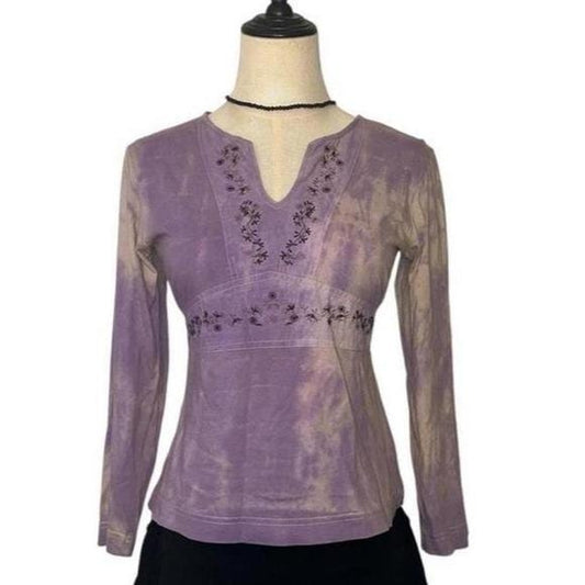 Caprice de Fille Top Teen 16 Purple Tie Dye Embroidered Y2K Boho Long Sleeve