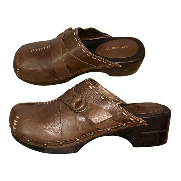 Spring Step Clogs Women 41 Brown Leather Studded Whipstitch Wood Mules Y2K Boho