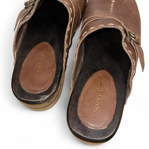 Spring Step Clogs Women 41 Brown Leather Studded Whipstitch Wood Mules Y2K Boho