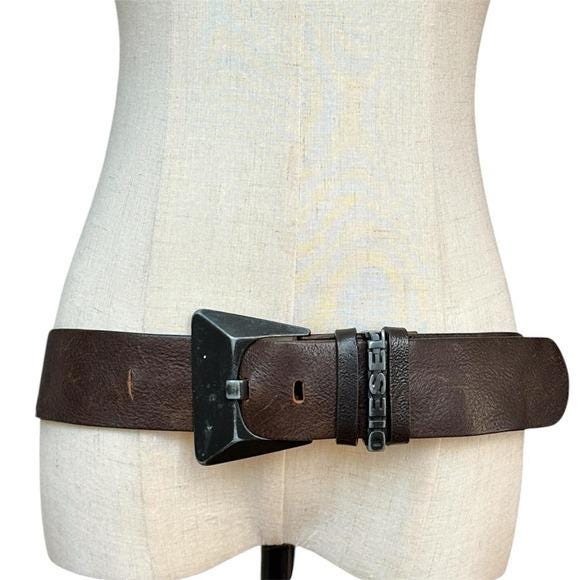 Diesel Leather Belt Mens 90cm Brown Excellent Geometric Buckle Y2K Made in Italy