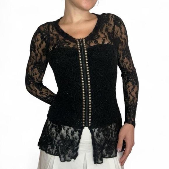 Unbranded Lace Zip Up Top Womens S Black Studded Boucle Y2K Goth Grunge